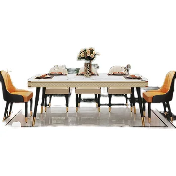 Обеденный стол в скандинавском стиле, прямоугольный обеденный стол, мебель для ресторана на вилле из углеродистой стали, сочетание мраморных стульев 5