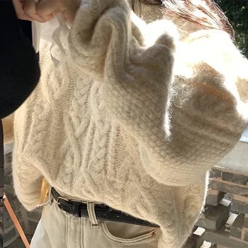 Осенне-зимний свободный пуловер-свитер, женская трикотажная рубашка в стиле ретро с круглым вырезом и толстым свитером внутри 5