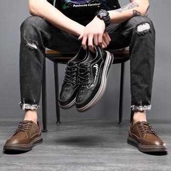Повседневная мужская обувь в стиле дерби, черные туфли из натуральной кожи с круглым носком, мужские кроссовки, молодежная модная обувь на платформе, работа в британском стиле 5