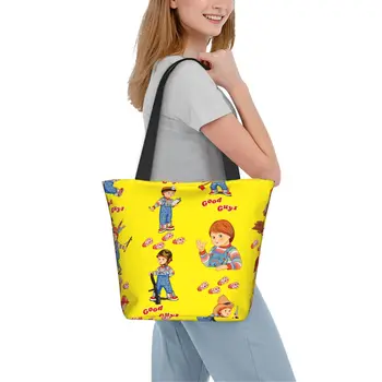 Пользовательские мультяшные Хорошие парни Кукла Чаки Холщовые сумки для покупок Женские портативные Продуктовые Детские игровые сумки для покупок 5
