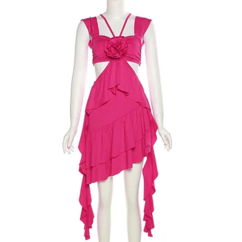 Розово-красное мини-платье с рюшами, Летнее Модное платье с открытыми плечами и кисточками, Женские элегантные платья для клубных вечеринок с вырезами 2023 г. 5