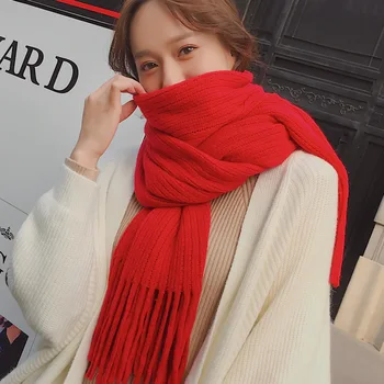 Шарф Женский Зимний Корейский Длинный утолщенный кашемировый Студенческий шерстяной шарф с бахромой, вязаный шейный платок для влюбленных, женский 5