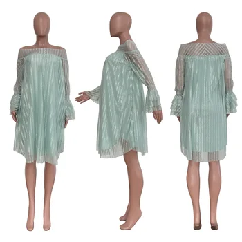 Элегантное жаккардовое платье в стиле пэчворк из прозрачной сетки для женщин, сексуальное свободное мини-платье с открытыми плечами и расклешенными рукавами, одежда для отдыха 5