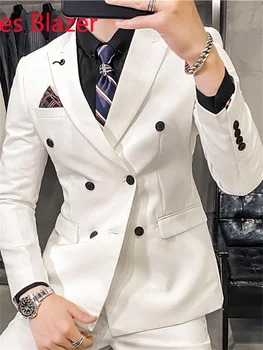 Элегантный мужской пиджак 2023, новинка в мужском повседневном блейзере в клетку и полоску, модный деловой блейзер для свадебной вечеринки 5
